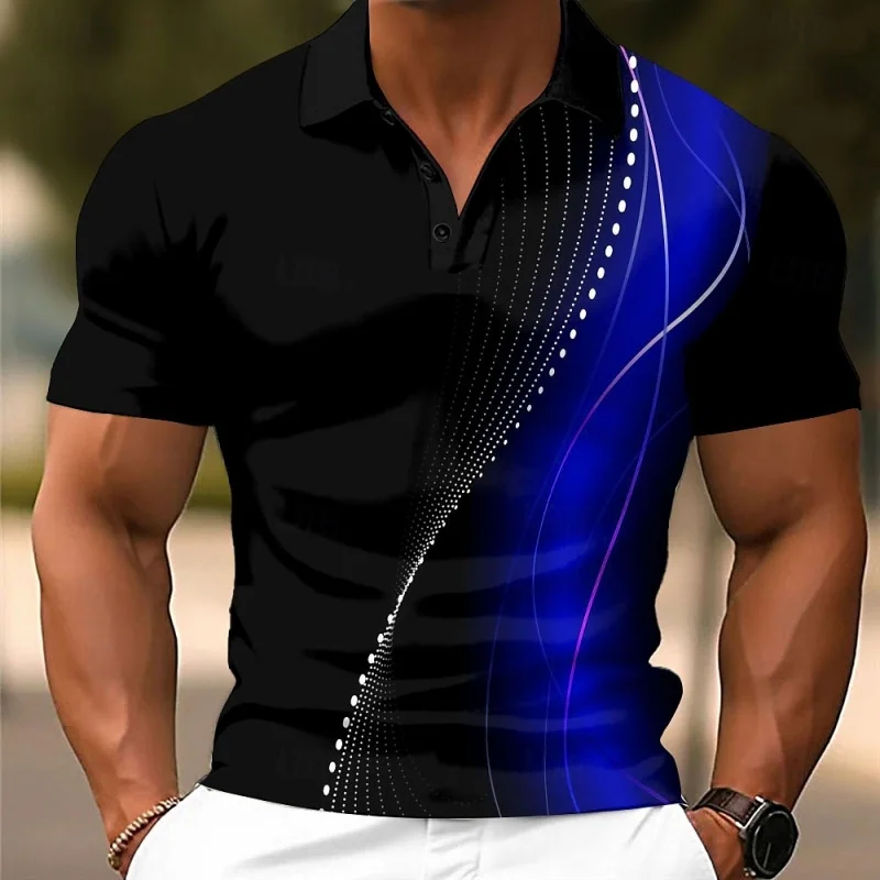 

3D Printed Colorful Stripes Polo Shirt For Men Texture Pattern Short Sleeves Summer Street Lapel T-Shirt Button Loose Tees Tops