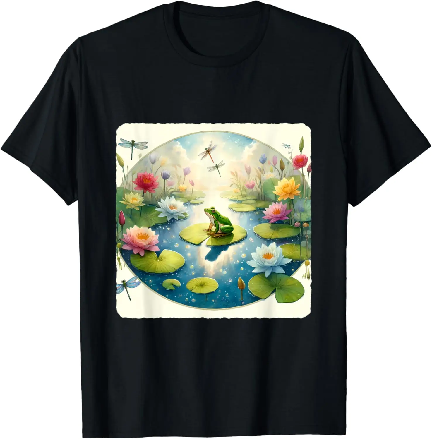 sapo-na-folha-de-agua-em-lagheta-caprichosa-camiseta-tranquilo-de-lagoa-de-jardim