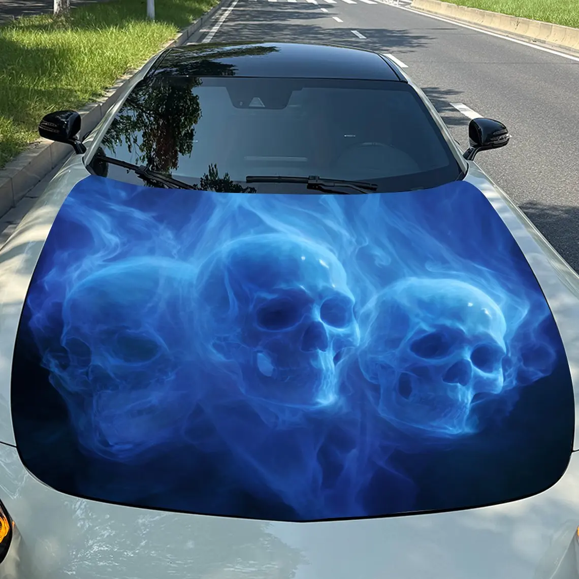 

Виниловая пленка с тремя синими пламенными черепами, водонепроницаемая виниловая наклейка на капот из ПВХ, самоклеящиеся наклейки с царапинами для крышки двигателя, De