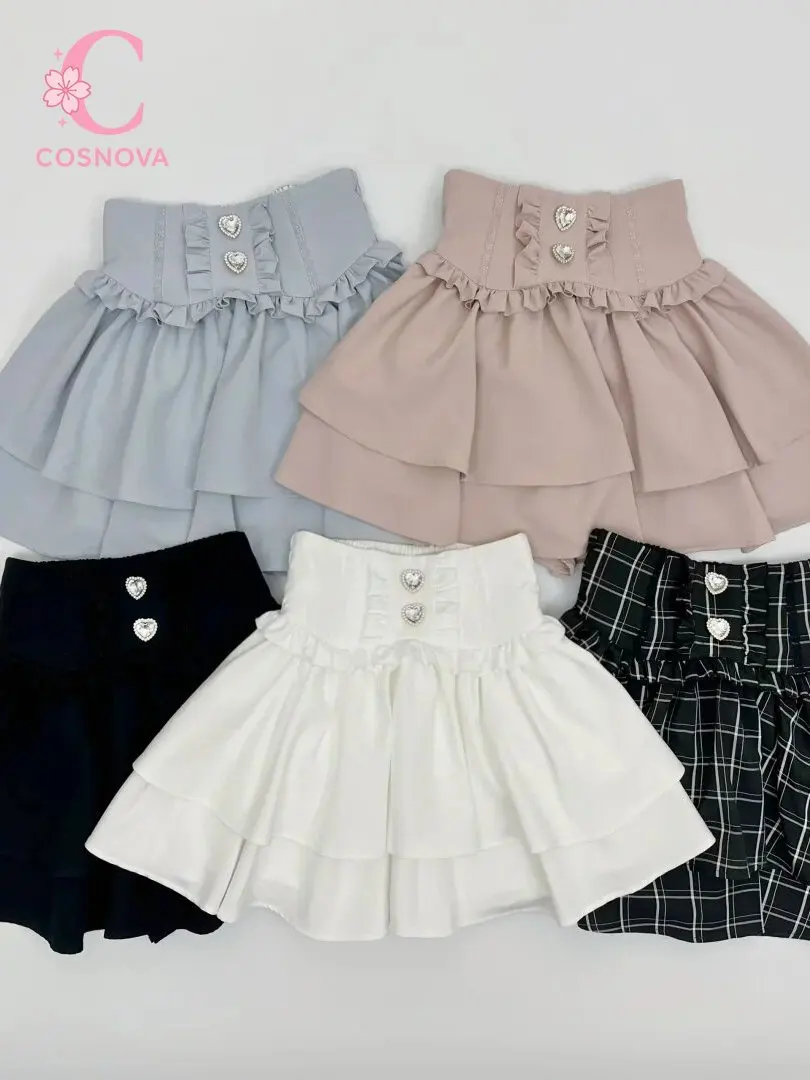

Japanese Cute Sweet Lolita Cake Skirt Women High Waist Plaid Ruffled Layered Skirt Kawaii A-Line Mini Skirt Jiri Kei Accessories