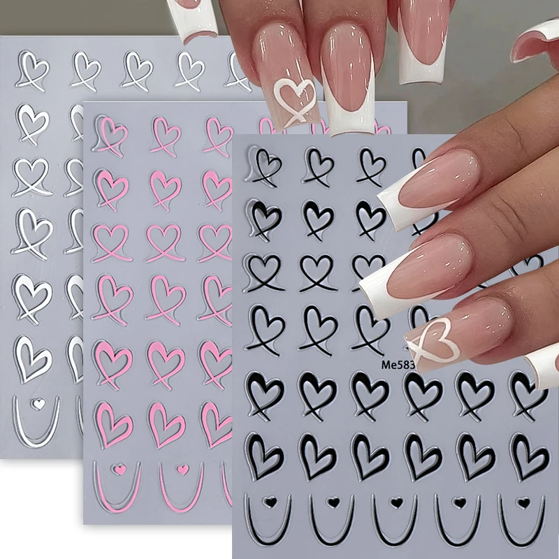 French 3D White Love Heart Nail Stickers Irregular Sweetheart Stripe Lines Valentines Simple Design DIY Gel Polish Sliders Nail