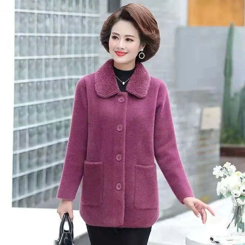 Autumn Winter Sweater Cardigan Jacket New Imitation Mink Velvet Thick Knitted Coat Middle-aged Elderly Female Woolen Coat M-6XL