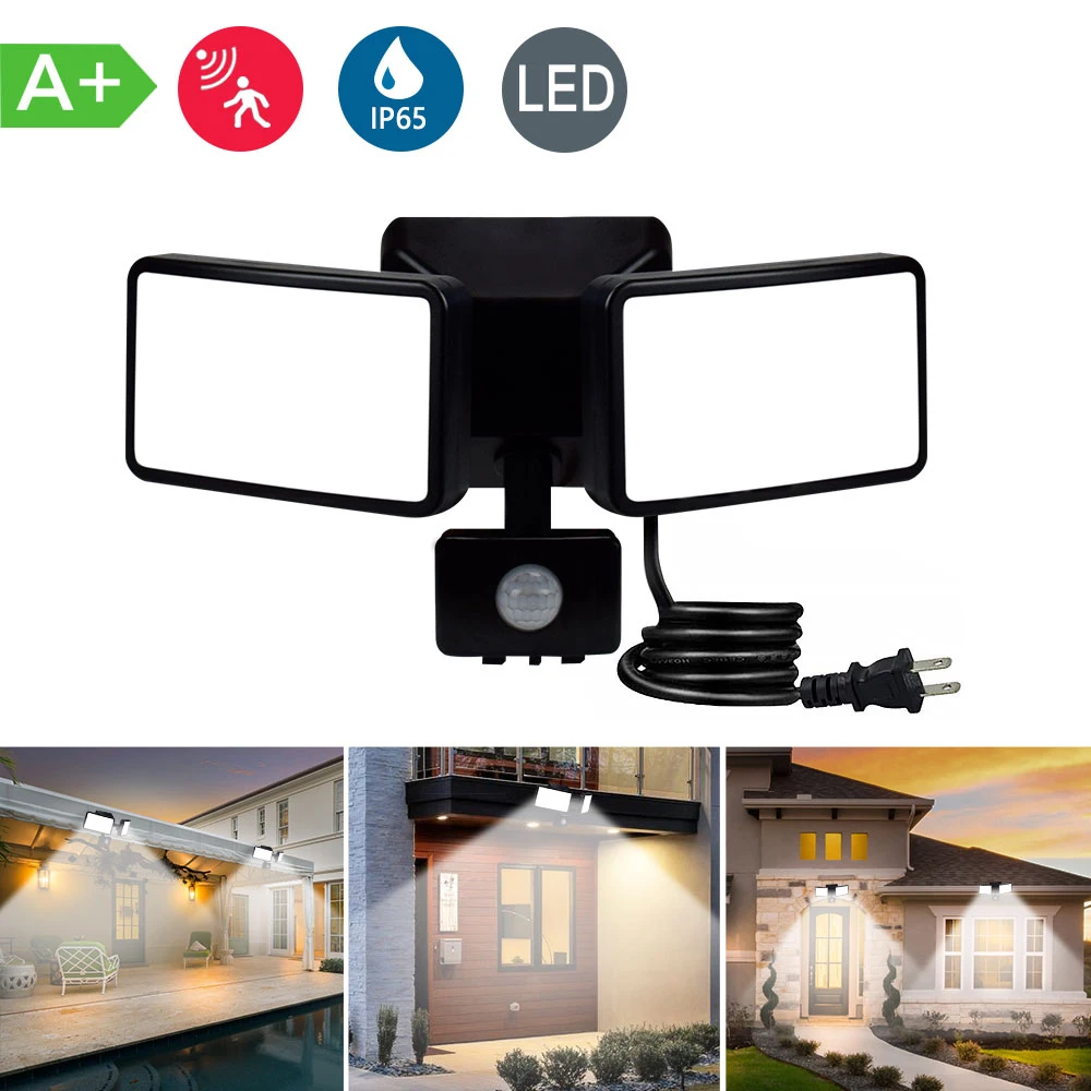 Depuley 20W Motion Sensor LED Light Outdoors Security 3-Light Adjustable Plug-in IP65 Waterproof Exterior Flood Light for Garage