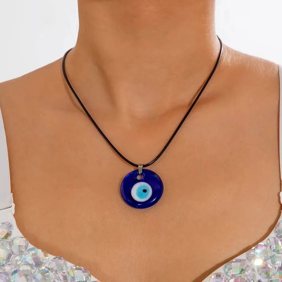 Docona Retro Personalized Necklace Glass Blue Eye Pendant Women's Summer Daily Party Jewelry Accessories Gift