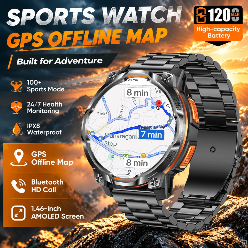 Men GPS Smart watch Offline‑Map Bluetooth Call 100+Sport Waterproof Health Monitor 1200mAh Large Battery Fitness Wrist Watch