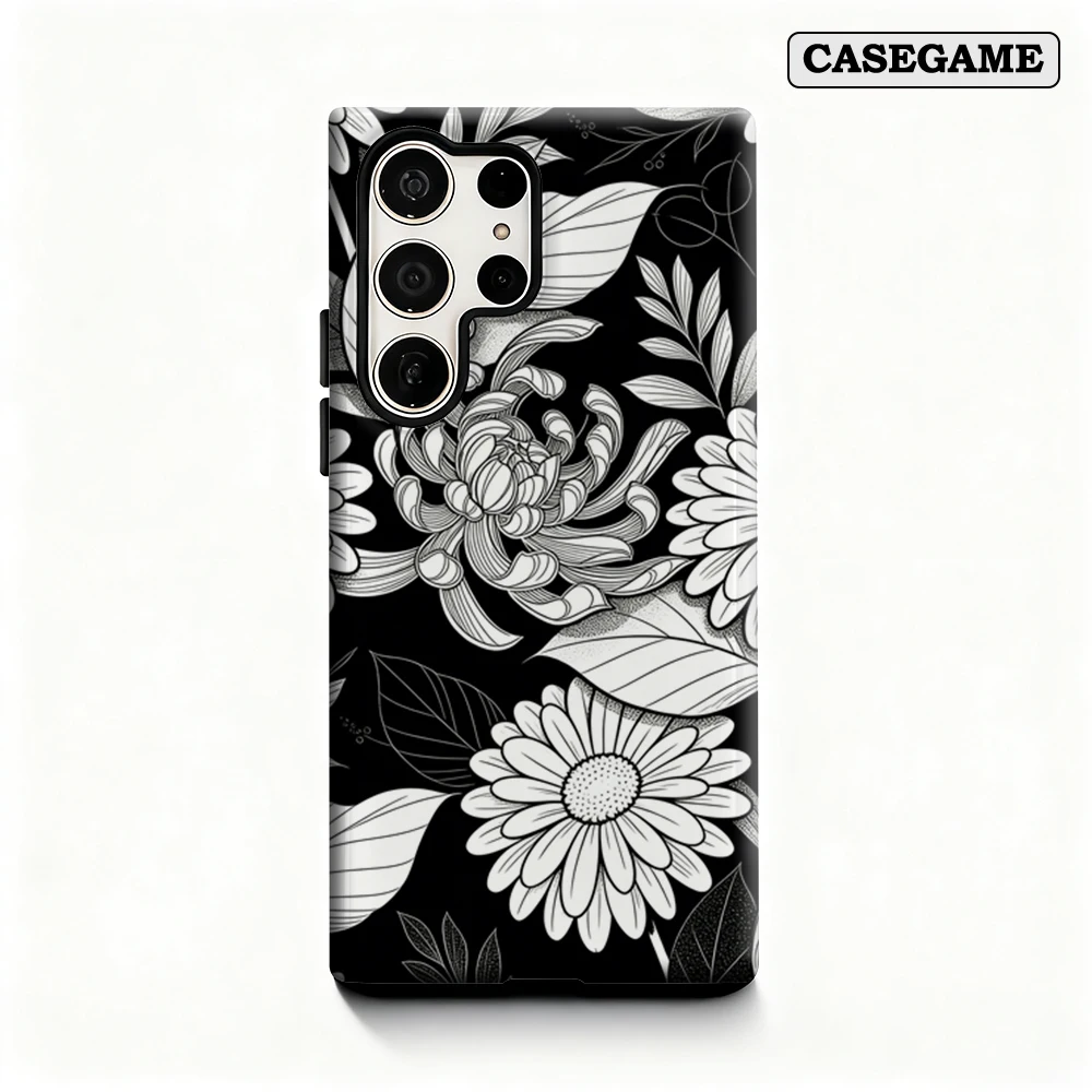 Casegame Phone Case for Samsung Galaxy S25 S26 Ultra S24 S23 Ultra Plus Shockproof Double Layer Black White Floral Line Cover