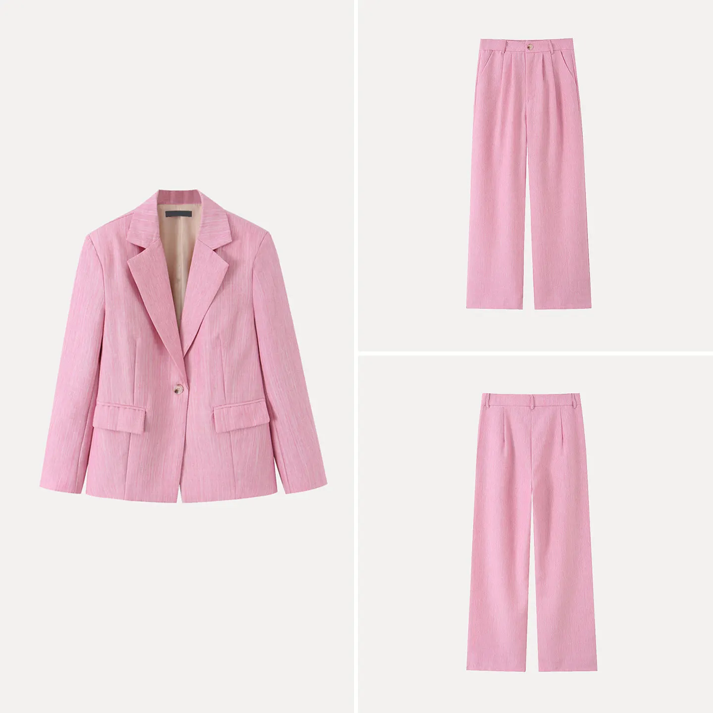 

Women's Fashionable Summer Workwear Pink Long Sleeve Button-Up Collar Suit Set High Waist Pants Striped Pattern Chinese Brand