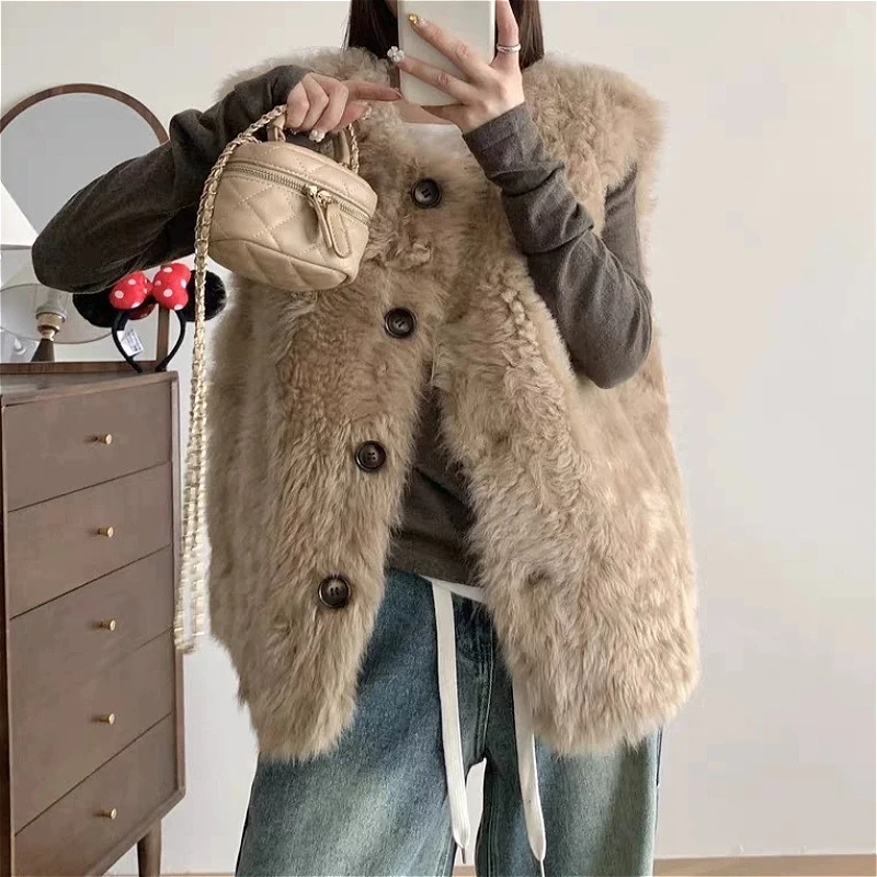 Women Faux Fur Vest Coats Solid Sleeveless Jackets Long Sleeves O Collar Single Breasted Loose Elegant Casual 2026 Autumn Winter