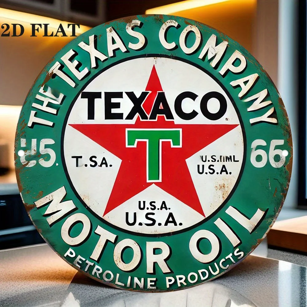Letrero Plano de Aluminio 2D con Diseño Vintage de Texaco - Placa Metálica Moderna para Decoración de Hogar u Oficina