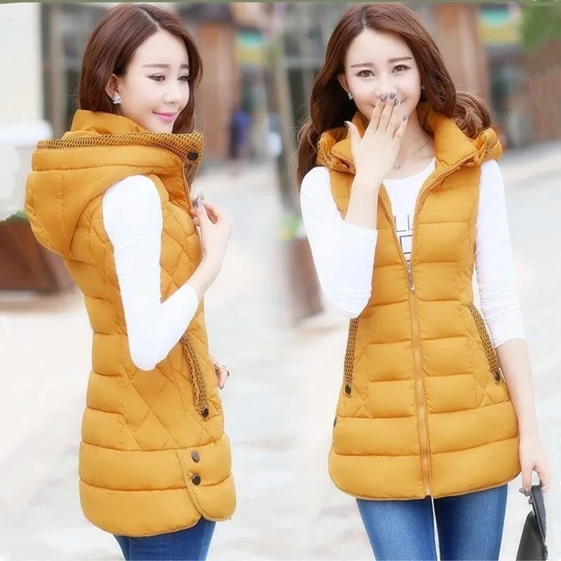 

2024 New Detachable Cap Down Cotton Vest Women's mid-length Korean Versatile Thickened Waistcoatt Coat Female Sleeveless Jacket