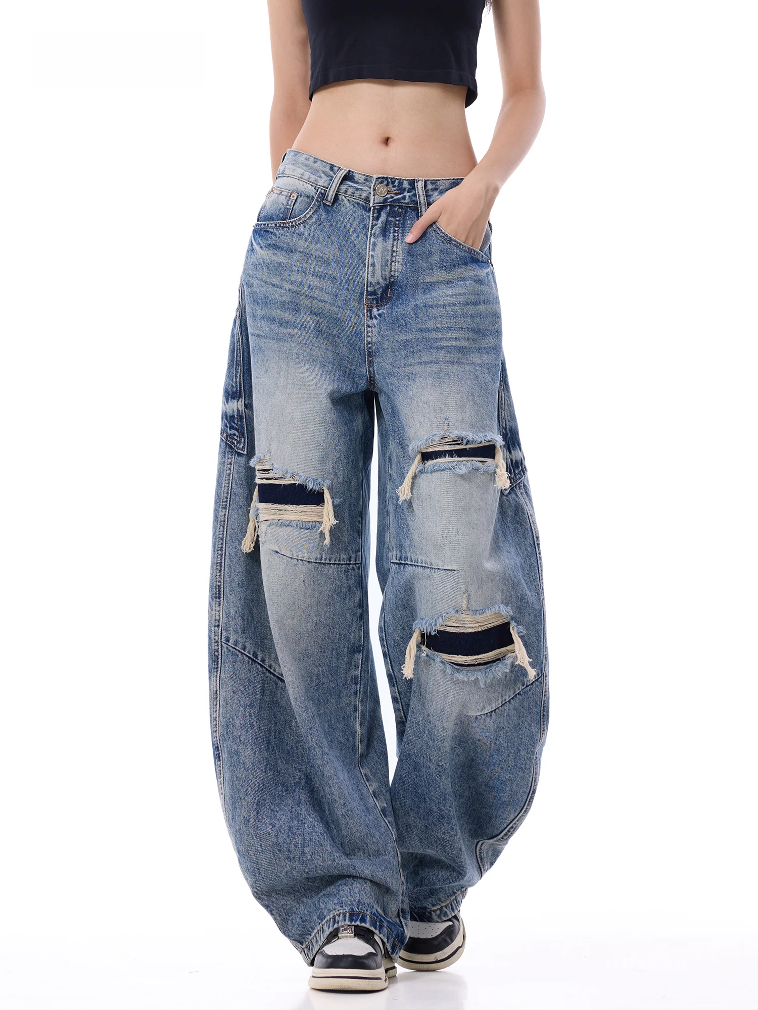 High Waist Draped Wide Leg Denim Jeans Women's Torn Design Casual Style Autumn Season Cotton Polyester Blend Comfortable Fit