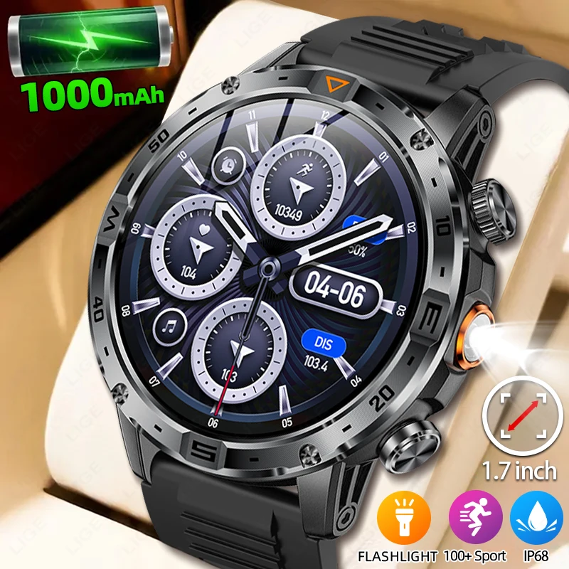 

LIGE военные уличные прочные мужские умные часы светодиодный фонарик 1000 мАч аккумулятор 1,7 дюйма дисплей GPS трекер водонепроницаемые умные часы