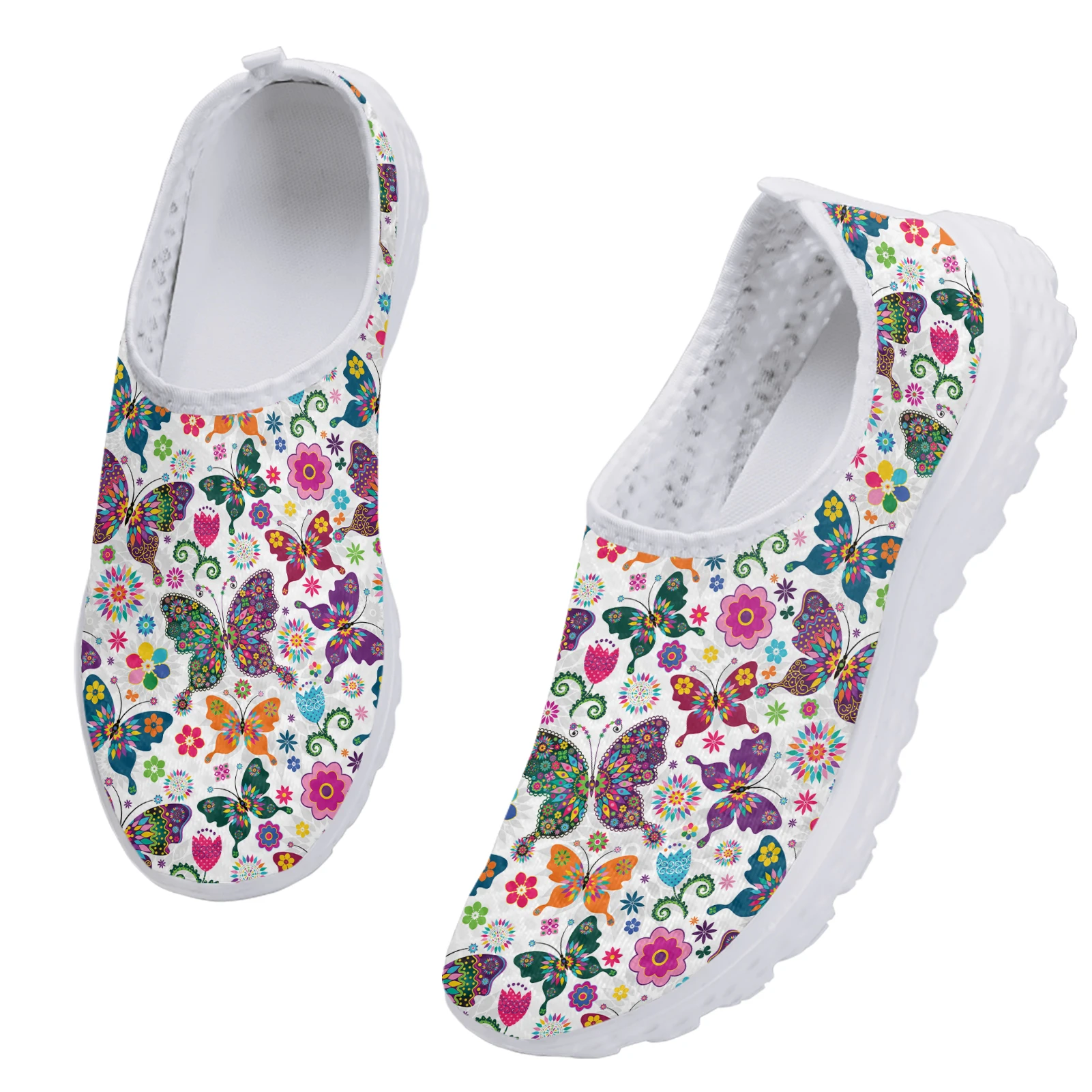 INSTANTARTS Fashion Colorful Butterfly Design Flower Print Home Mesh Shoes Loafers Women Slip On Sneakers Soft Flat Shoes