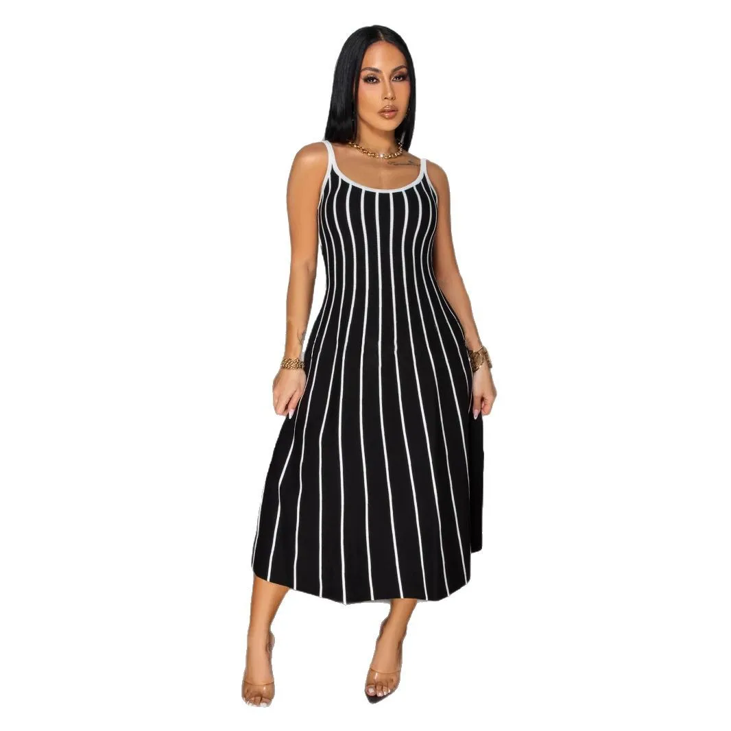 Sukienka damska z kamizelką, patchwork w paski modny kontrastowy kolor bez pleców bez rękawów długa spódnica slim fit 2025 lato