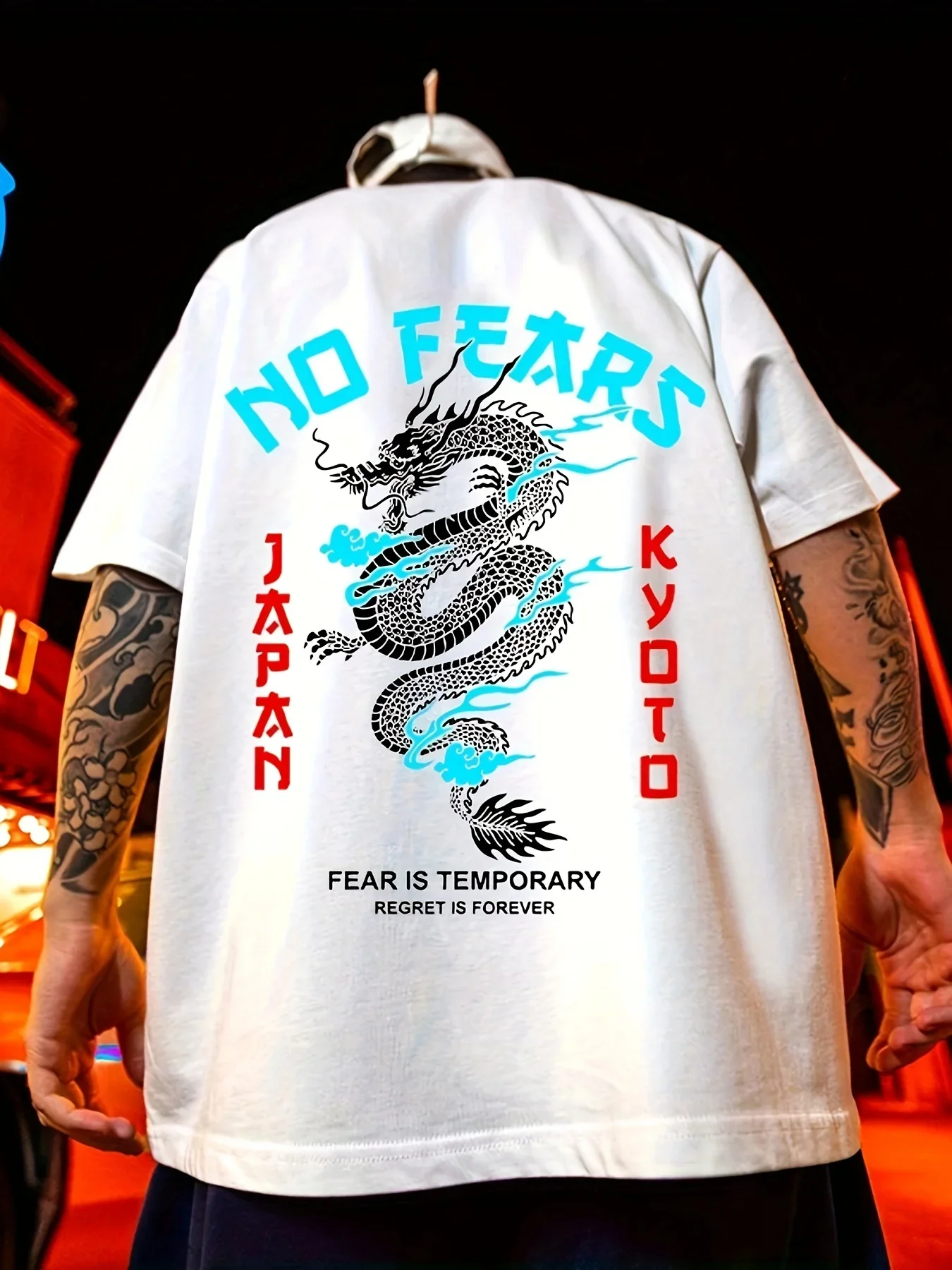 No Fears Dragon Graphic T Shirt Men Back Print Japan Kyoto Streetwear Oriental Dragon 100% Cotton Casual Short Sleeve Tee