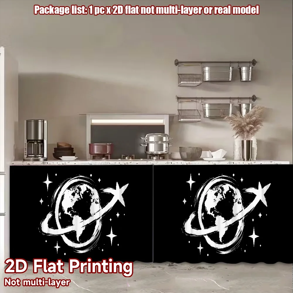 2D flat 1pc Bohemian style short curtains World Travel Plane Orbit Digital printing Suitable for holiday decorations, applicable
