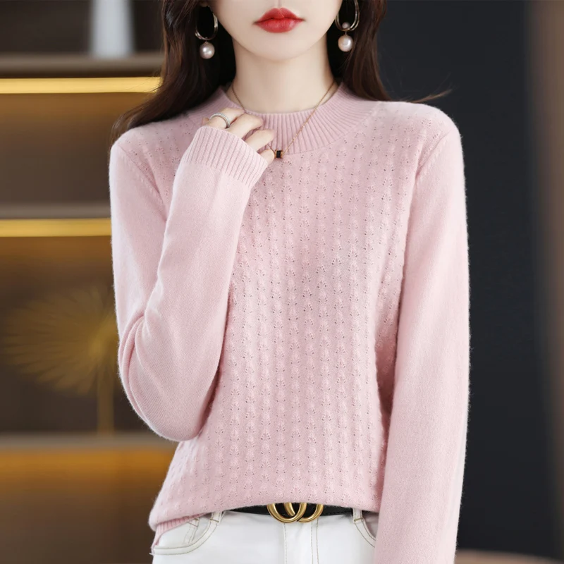 

Spring and autumn new 100% wool hollow women's pullover O-neck cashmere sweater knitted solid color coat Korean fashion.