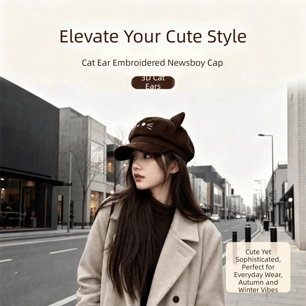 Cute Embroidery Embroidered Cat Ears Beret Spice Girl Lollita Octagonal Hat Y2K Cute Newsboy Hat Photography Prop