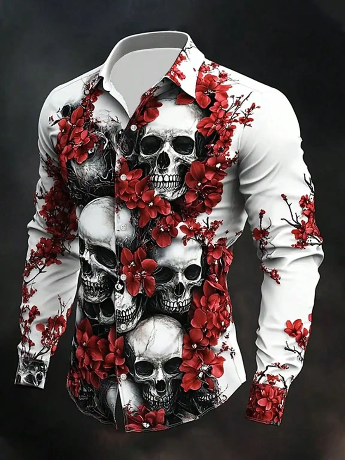

Men's Long Sleeve Casual Shirt with Skull and Red Floral Print, Spring Autumn Wear
