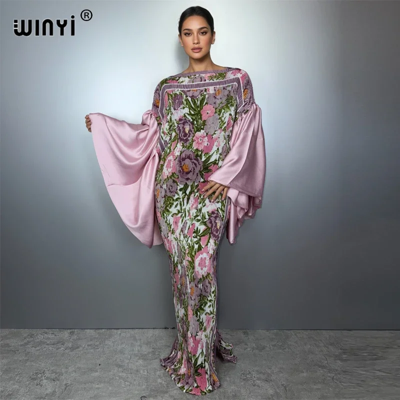 WINYI Retro Pleated Elastic Slim Dress for Muslim Women Beach Cover up Kaftan Abaya Dubai Luxury Long down Holiday Evening Wear
