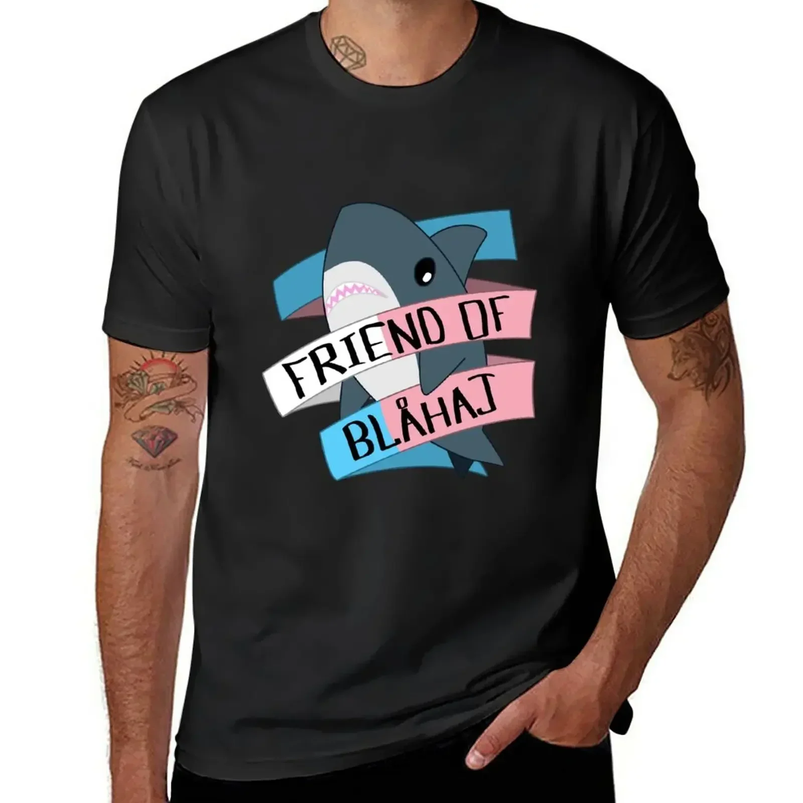 Friend of Blahaj - Trans Banner T-Shirt summer top anime korean fashion mens graphic t-shirts