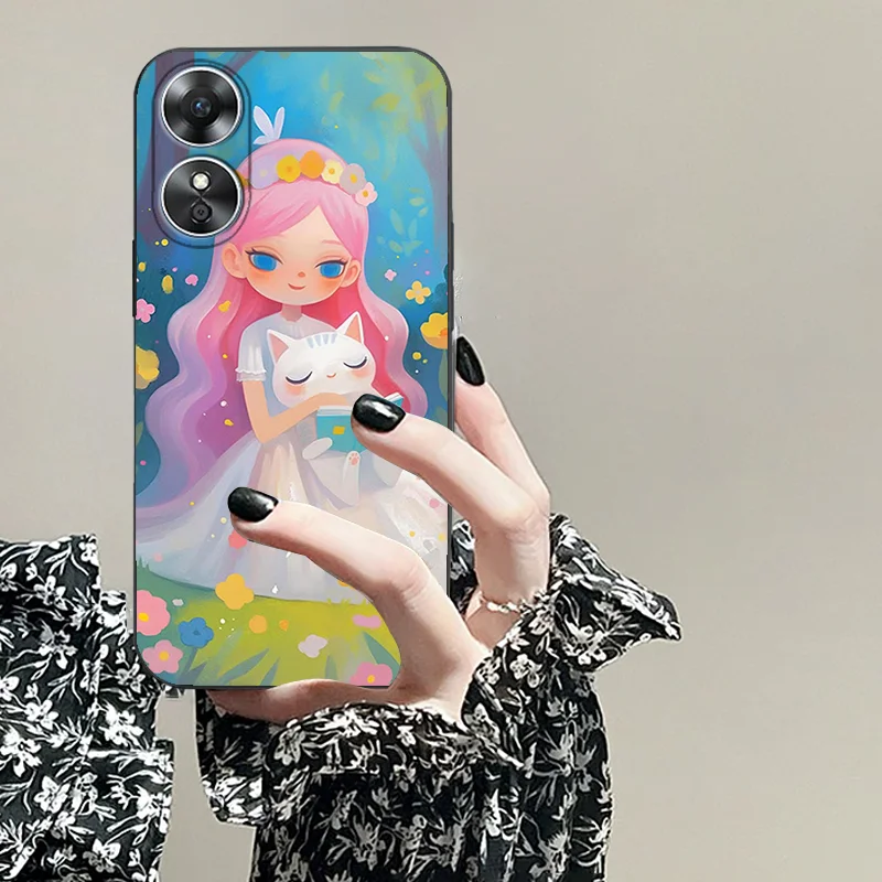 TPU black soft phone case for OPPO A 15 17 33 36 38 18 3 53 S 54 57 77 58 60 73 74 76 92 94 98 4 5 G E PRO 2020 Hug cat girl