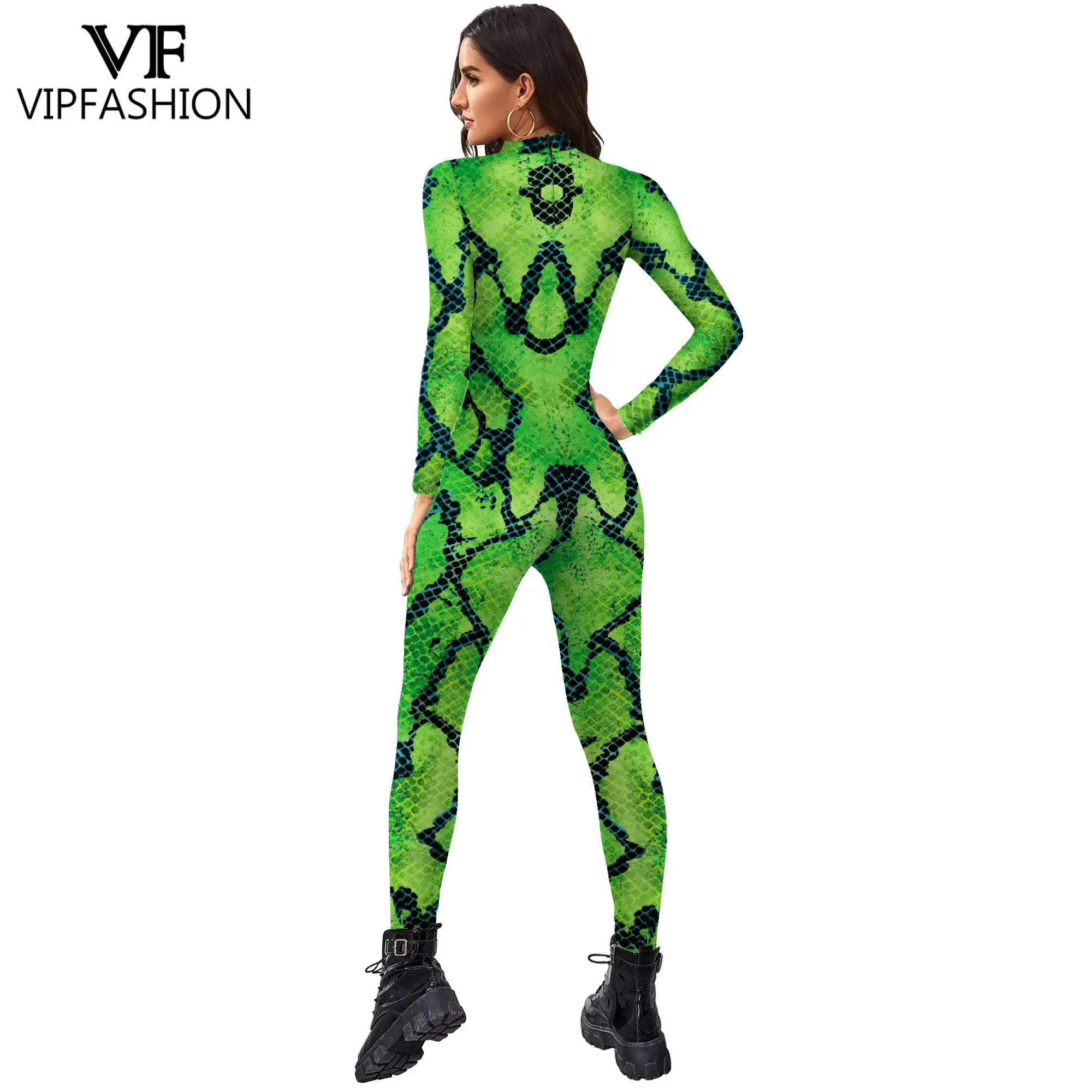 VIP FASHION Animal Sexy Jumpsuit Women Snake Pattern Halloween Costume for Women Carnival Nightclub Party Zentai Cosplay Clothes
