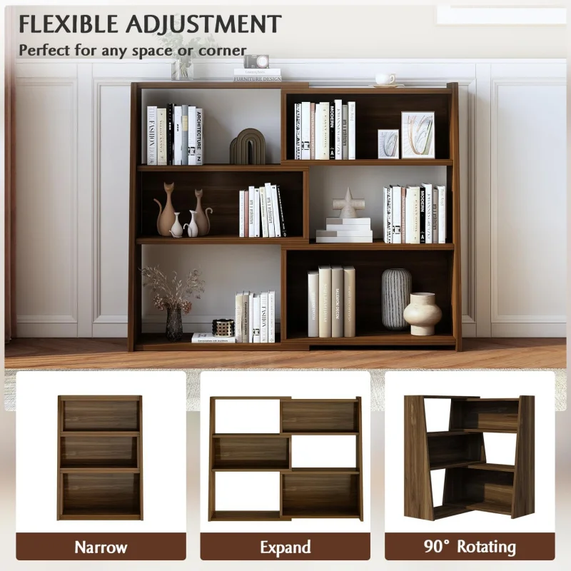(UUX) خزانة كتب خشبية قابلة للتمديد - رف كتب قصير منخفض سلم من 3 طبقات للمساحة أو الزاوية الصغيرة، جوز داكن، S UQ