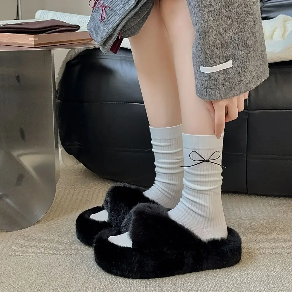 Gray Red Socks Women Autumn and Winter Retro Cotton Knitted Middle-tube Socks Bowknot Japanese Kawaii Cute Socks Christmas Gifts