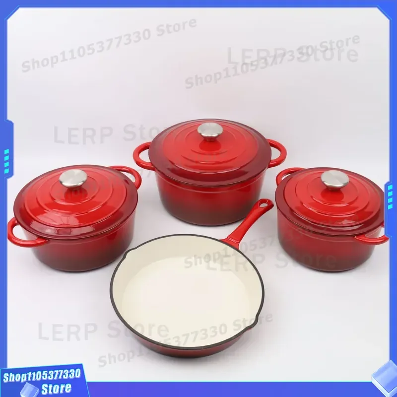 4 Piece Colorful Enamel Cast Iron Dutch Oven Set Ceramic Coated Kitchen Cookware Pots And Pans For Home Cooking Baking Use