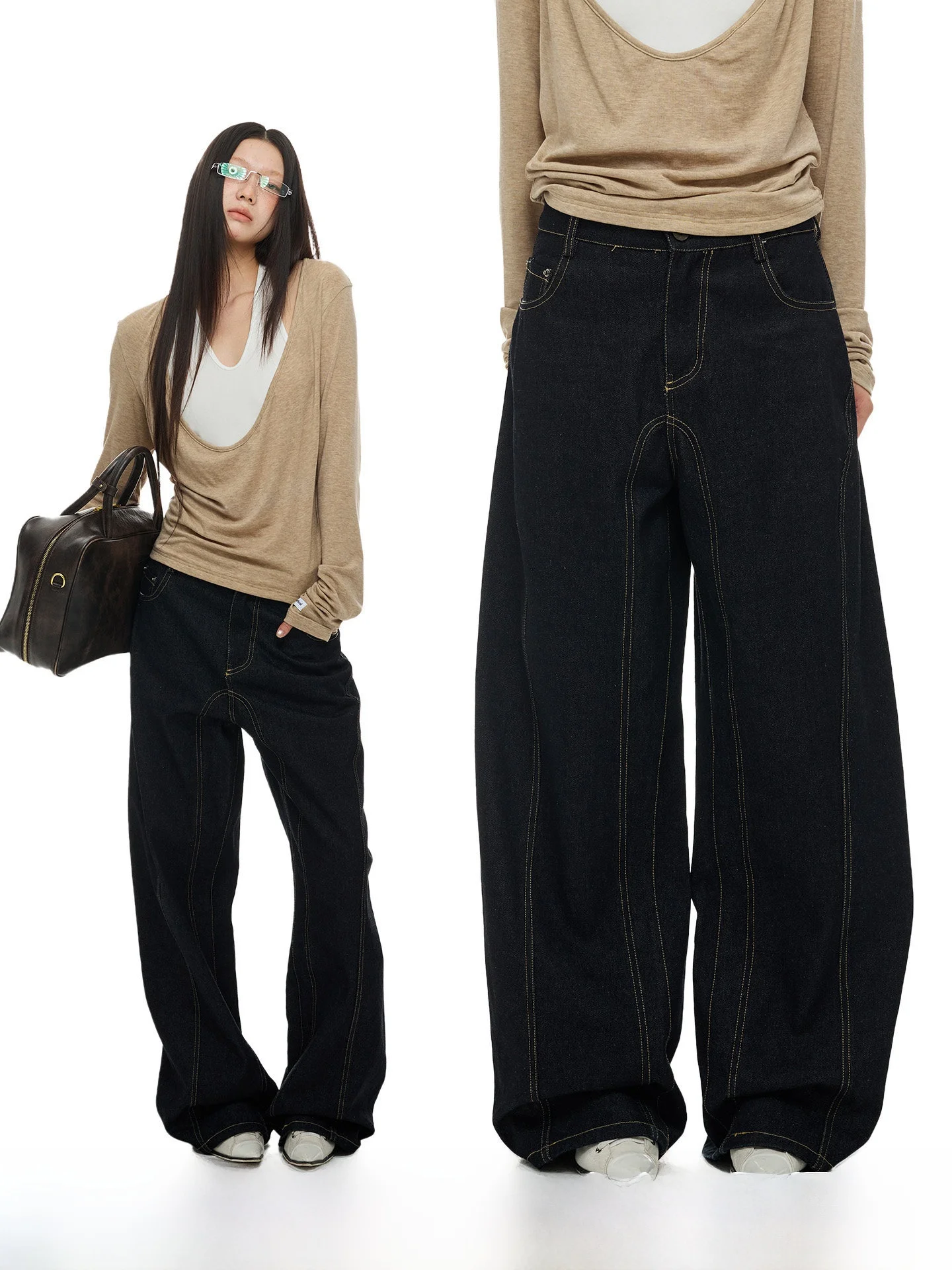 

JIKOO Vintage Original Denim Loose Wide Leg Jeans Women's Casual Straight Cut Trousers mid Waist Slimming Jeans