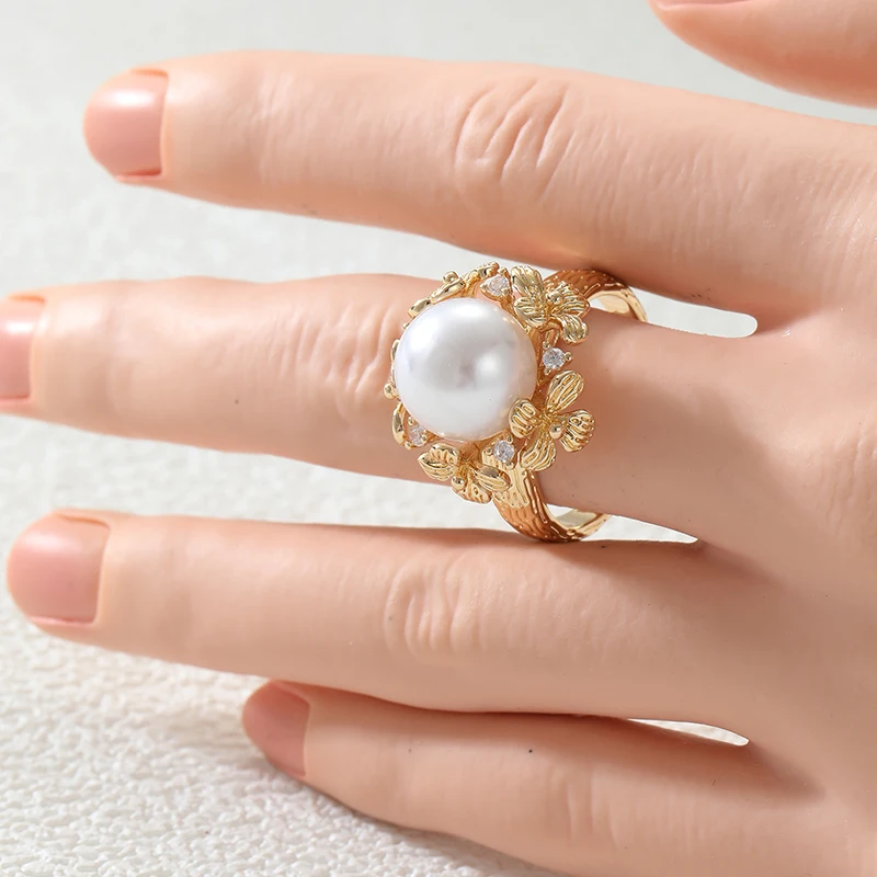 Aesthetic Elegant Hand Carved Floral Imitation Pearl Wedding Ring for Women Luxury Vintage Dating Anniversary Fine Jewelry Gifts