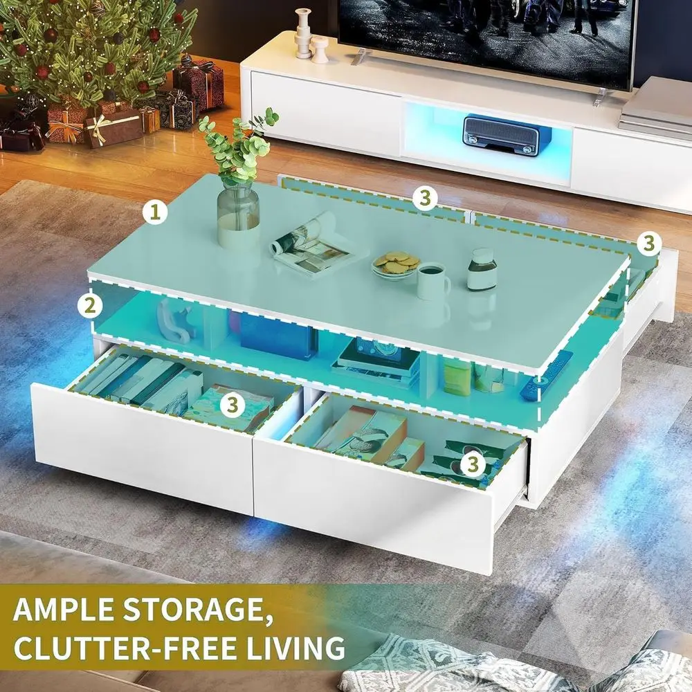 Modern White LED Coffee Table with 4 Drawers, Rectangular Storage Table for Living Room, Open Shelf & Sliding Drawers