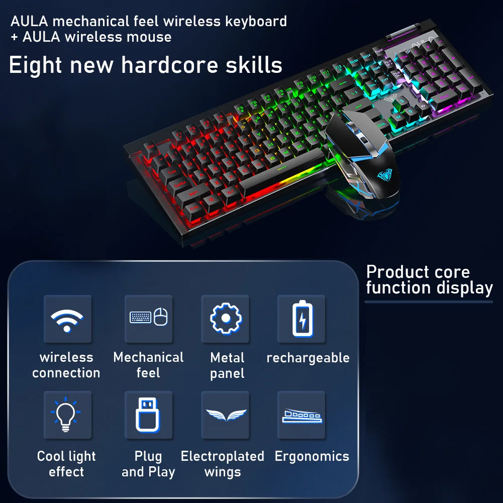 AULA T610 Wireless 2.4G Gaming Mechanical Keyboard and Gaming Mouse Combination Rechargeable Cool Lighting Office Gaming Desktop