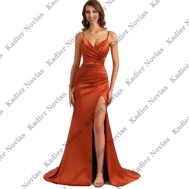 

Burnt Orange Customized Long Mermaid Bridesmaid Dresses with Split Lace Up Wedding Party Dress robes invitee mariage