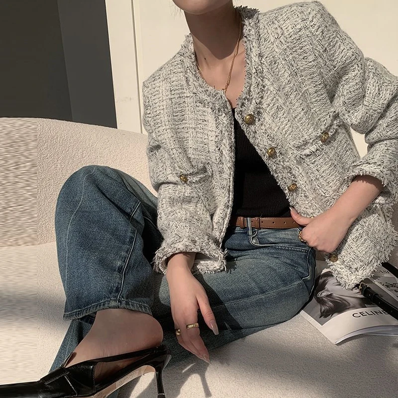 Women Vintage Elegant Luxury Design Tweed Single Breasted Jacket Autumn Winter Female Trendy O Neck Long Sleeve Loose Chic Coats