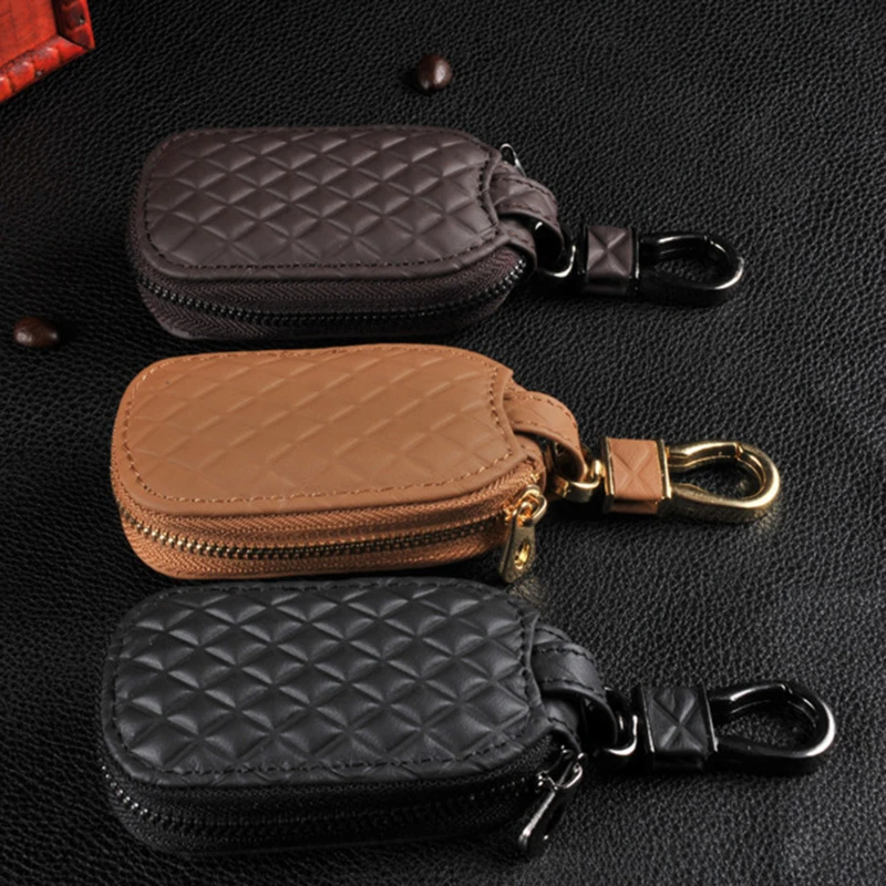 Car Keychain Covers Men Key Holder Genuine Leather Car Key Wallets Housekeeper Keys Organizer Zipper Key Case Bag Unisex Pouch