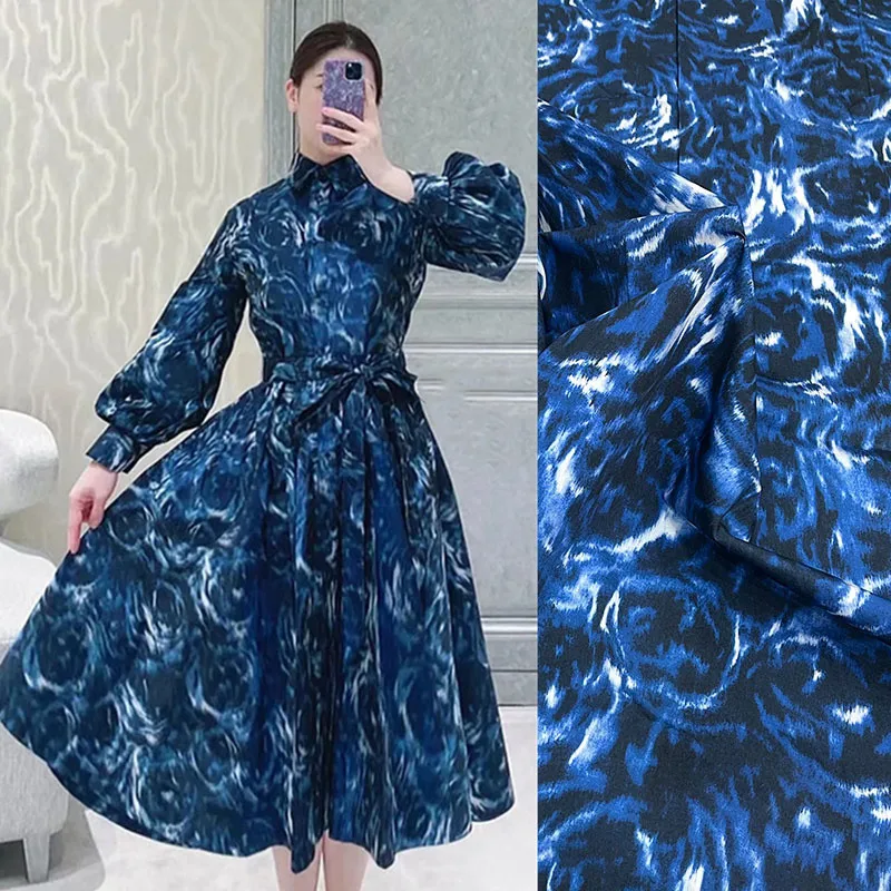 Autumn Style New Pure Cotton Dark Blue Rose Pattern Printing High-end Show Fashion Brand Same Designer Bullet Fabric By Meter