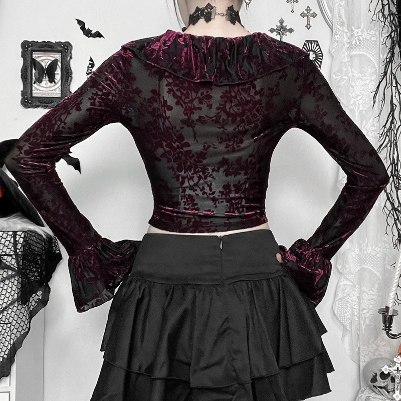 Goth Sexy Lace See Through Long Sleeve Button T-Shirts Y2K Plant Pattern Ruffles Corset Crop Tops Women Autumn Fashion Tees