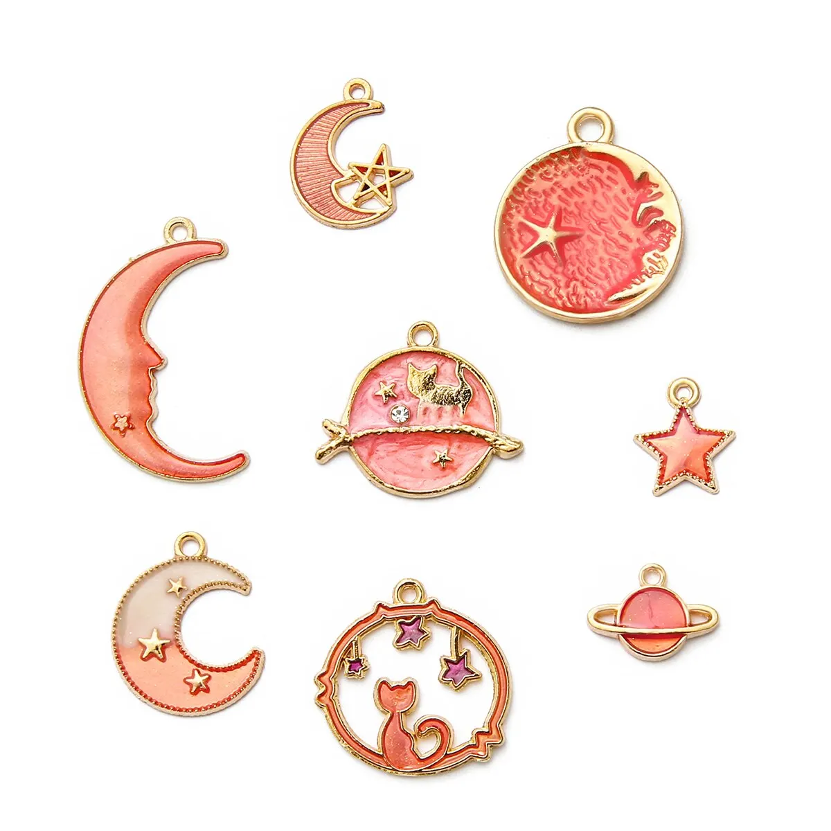 24pcs Assorted Gold- Color Plated Enamel Cat Moon Star Celestial Charm Pendant DIY For Earrings Necklace Bracelet Jewelry Making