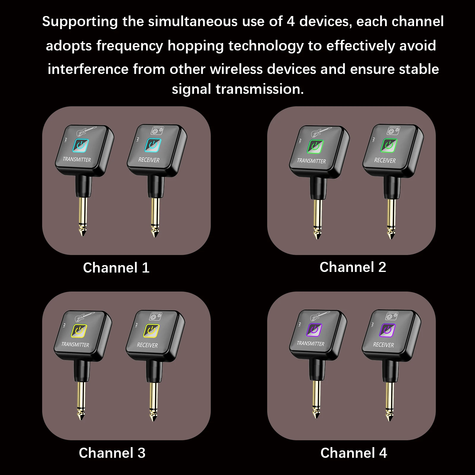 Drahtloses Gitarrensystem, 2,4 GHz, kabelloser Gitarrensender, Empfänger, 4 Signalkanäle für Gitarre, Bass, elektrische Instrumente – Detail 6