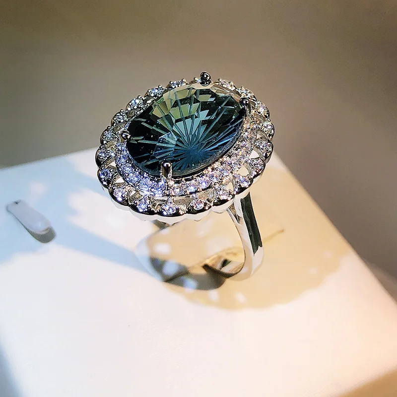 Round Blue Topaz Rings For Women S925 Sterling Silver Zirconia Propose Engagement Wedding Fine Jewelry Temperament Party Ring