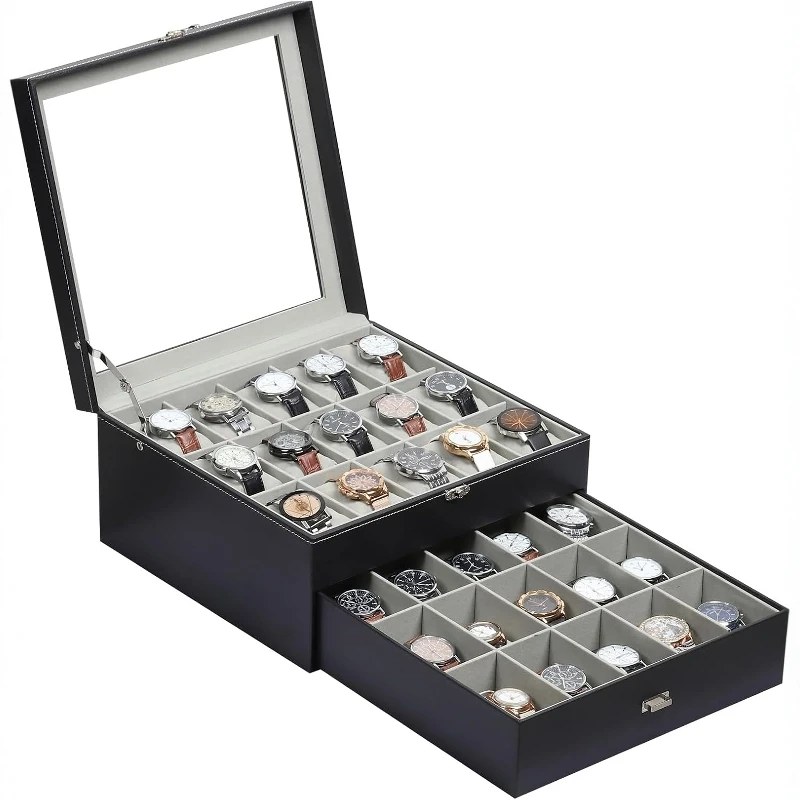 dreamland-double-layer-30-slots-watch-storage-box-large-capacity-display-case-organizer-jewelry-box-pu-leather-square-shape