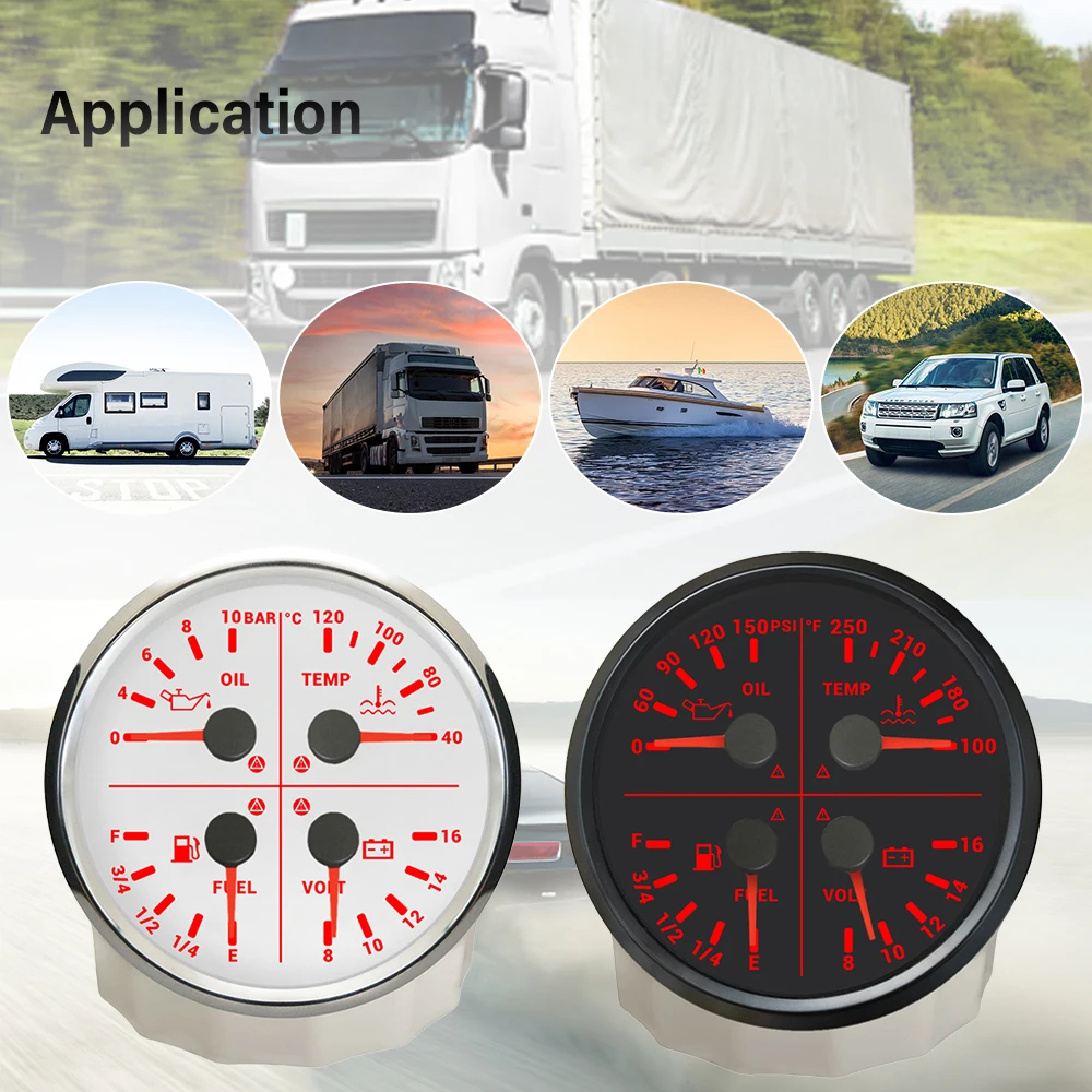 Rhaxel 110mm Multi-function Gauge Fuel Level Oil Pressure 0-150PSI 0-10Bar  Water Temperature 12V Volt with Alarm with Backlight
