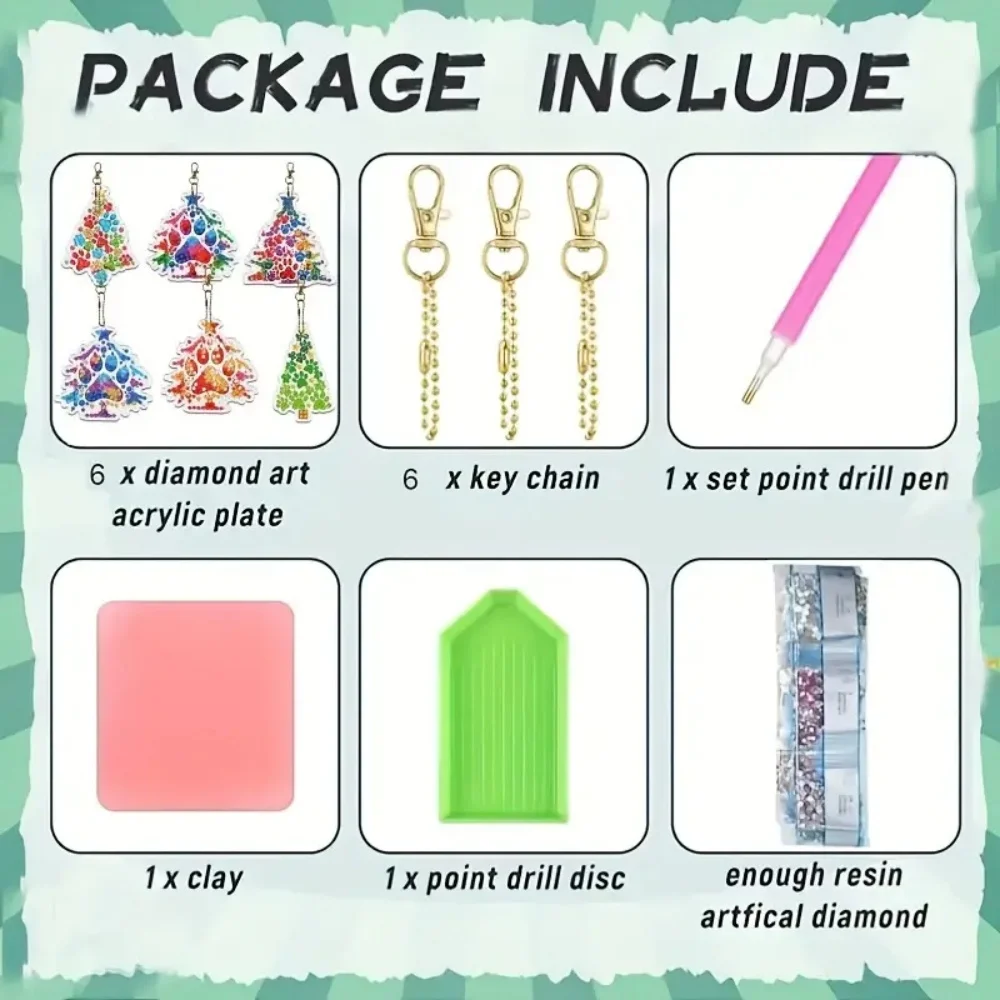 6pcs/Set DIY Christmas Tree Pattern Diamond Painting Keychain, DIY Mosaic Craft Kit Suitable for Beginners, Women's Backpack Pen view 3