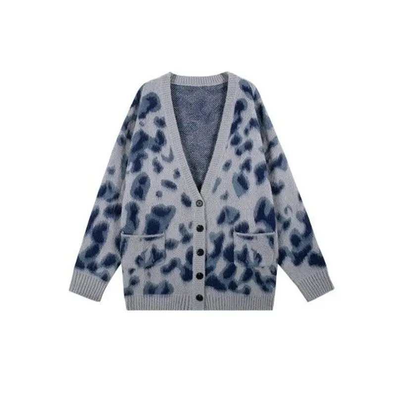 Korea Cool Leopard Print Knitted Cardigan Sweater Women Harajuku V-Neck Long Sleeve Oversize Jumper Pullover Female Ins
