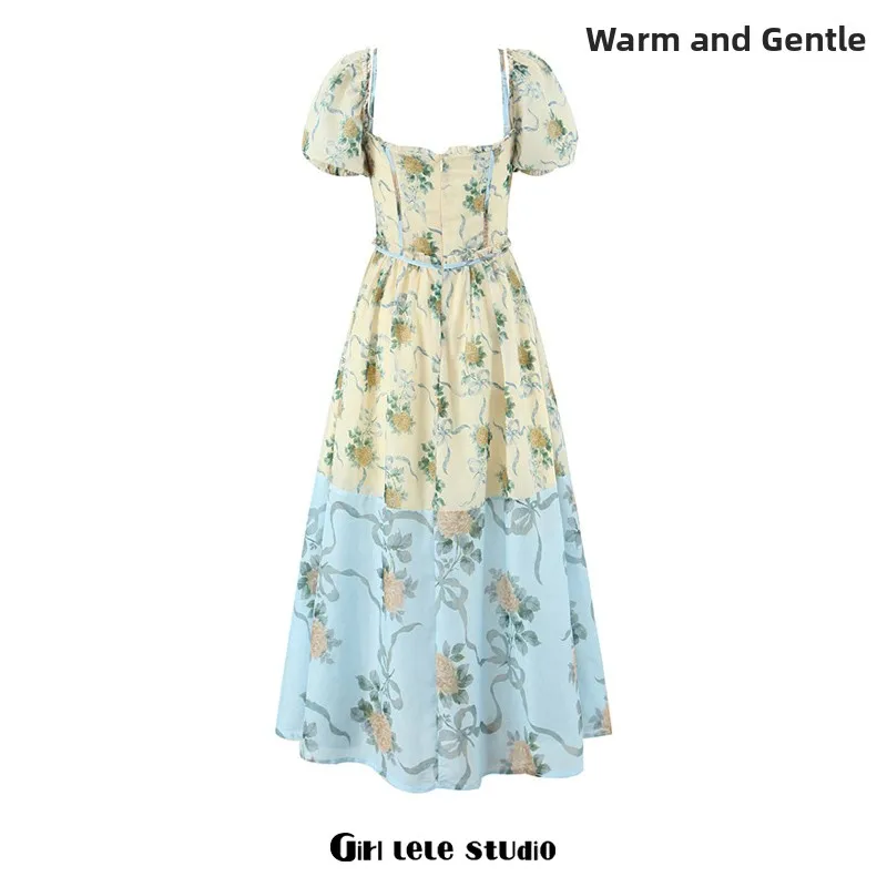 French Sle High Waist Floral Print Dr Women's Long Skirt Square Collar Slimming Design oulder Baring A-Line Summer Dr