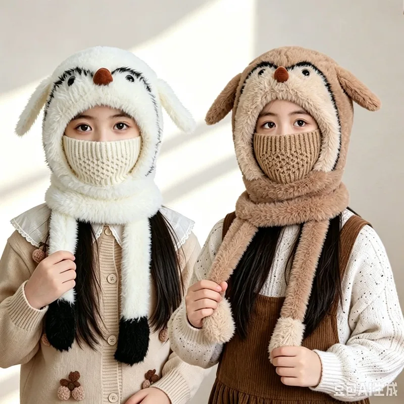 Cute Penguin Kids Beanie Winter Warm Plush Hat Scarf Mask Ears Earflap Cap for Boys Girls Balaclava