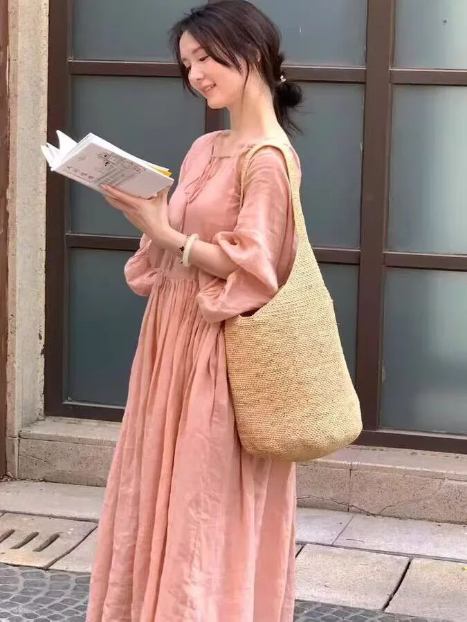 

Early Autumn New Pink Pure Flax Color Large Size V-neck Belted Loose Dress Casual High Waist A-line Skirt