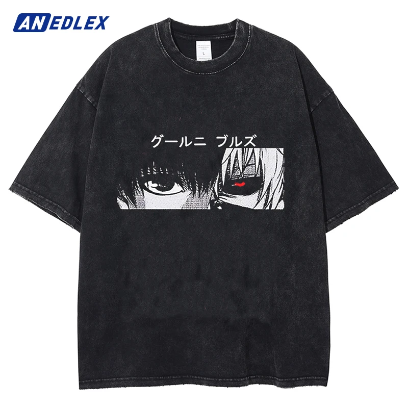 Harajuku Streetwear Hip Hop Men Vintage Black T-Shirt Japanese Anime Eye Graphic TShirt Summer Short Sleeve T Shirt Cotton Tops